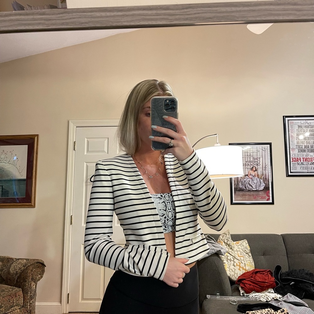 BCBG black and white pin striped blazer